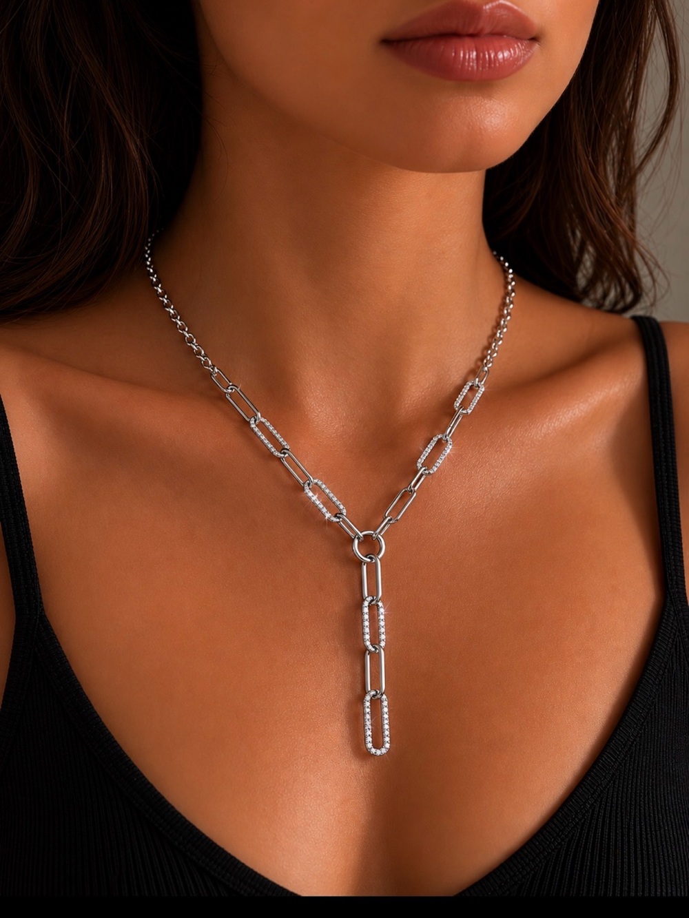 NEW! 14k White Gold Plated Paperclip Y-Chain Necklace 15-17”